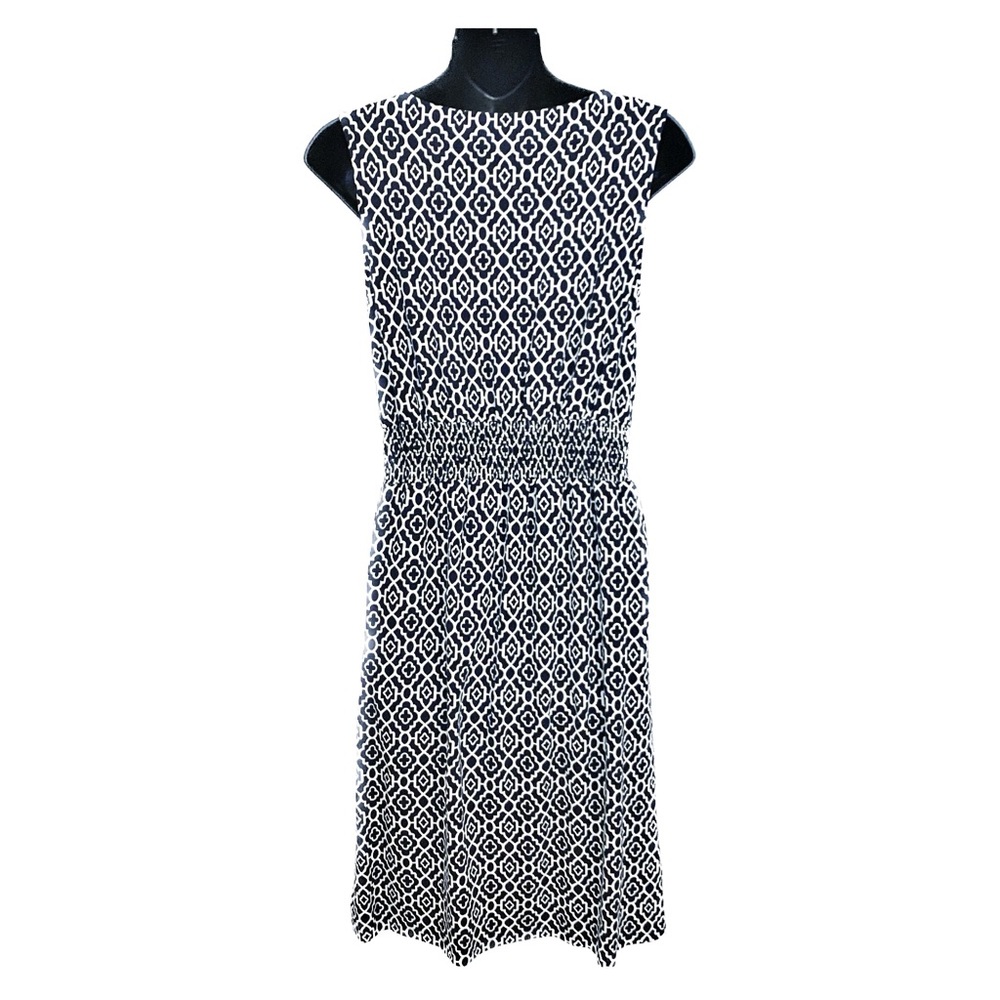 LL Bean Geometric Print Sleeveless Tank Dress Pleated Neck Smocked Waist Small S - Picture 2 of 5